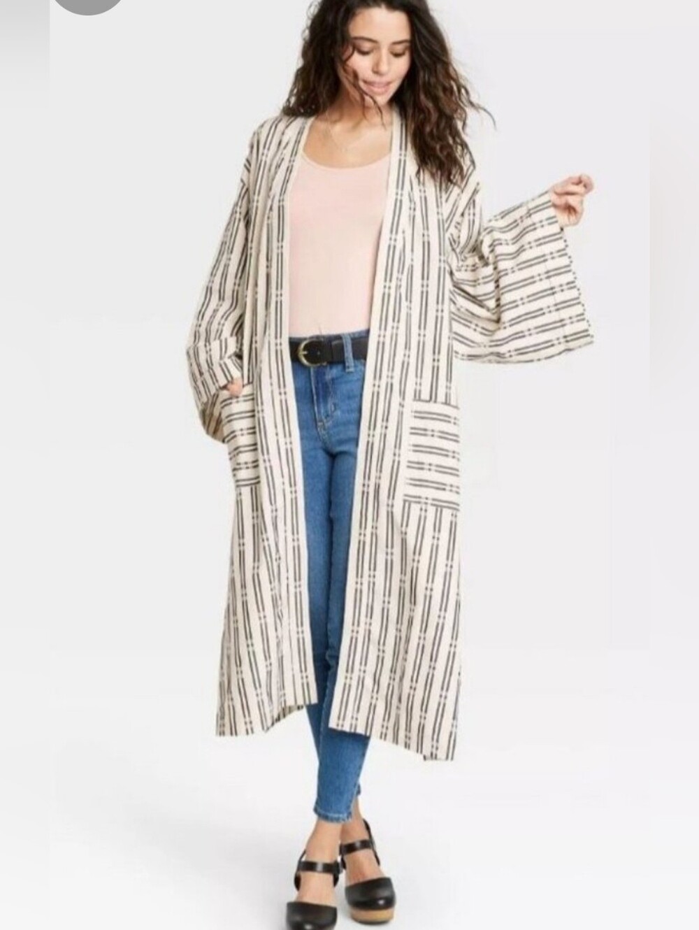 Universal Thread Cream and Black Striped Open Front Duster Cardigan
